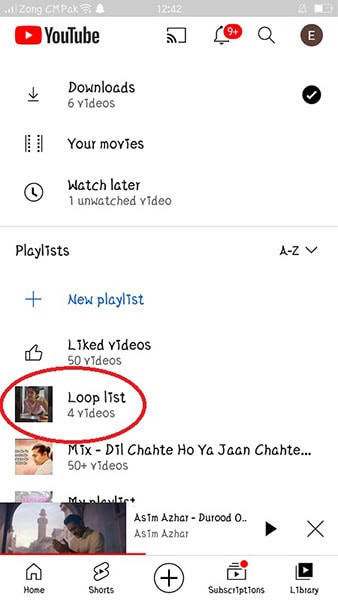 انقر على loop list في موقع youtube