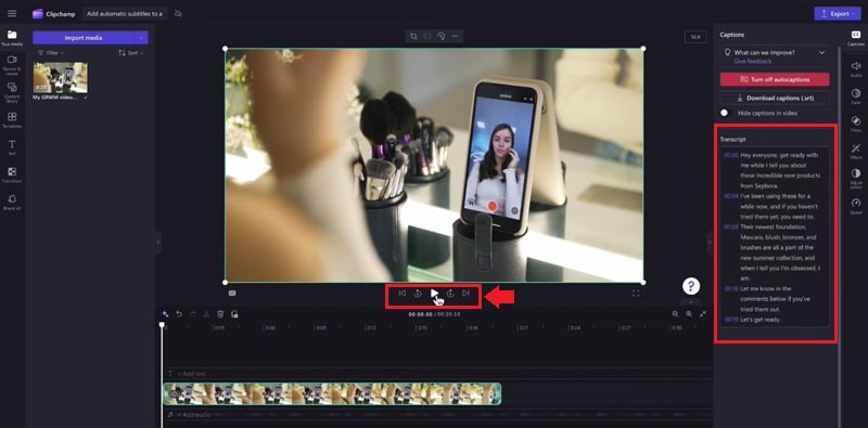 edit the clipchamp captions text