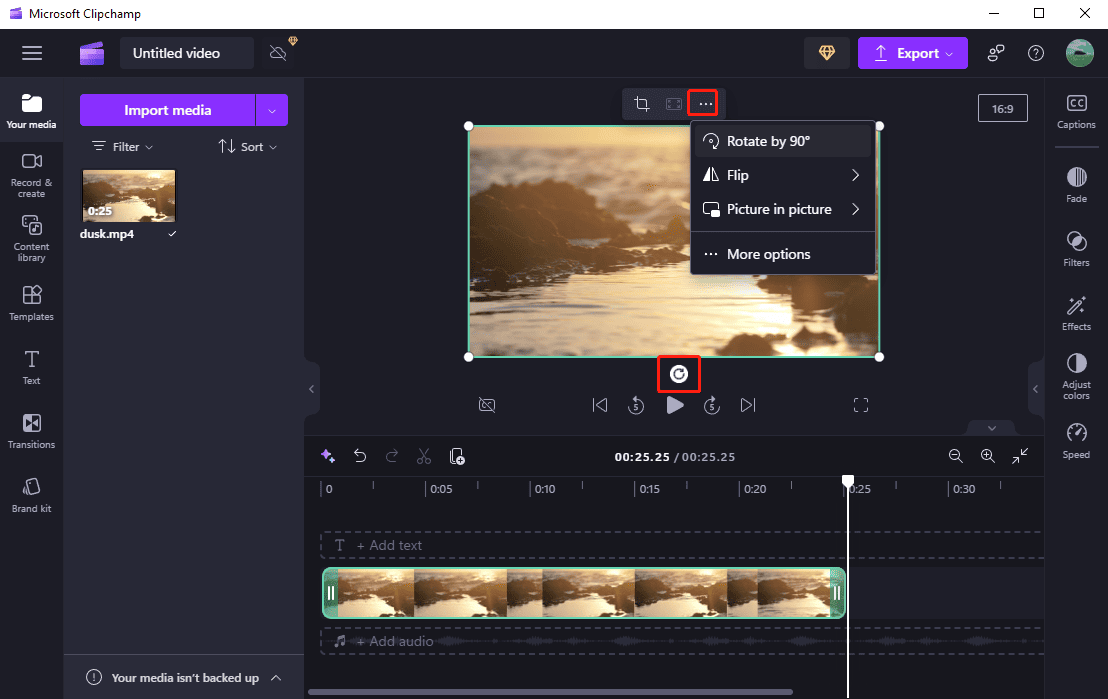 Using the rotate icon on the floating toolbar in Clipchamp video editor