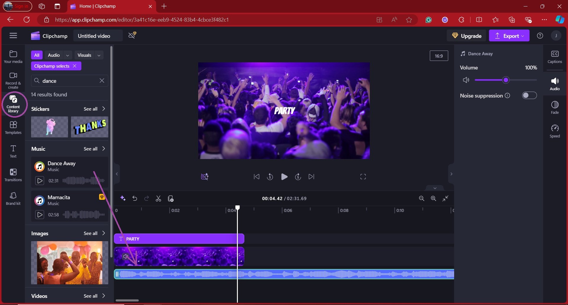 audio feature in clipchamp