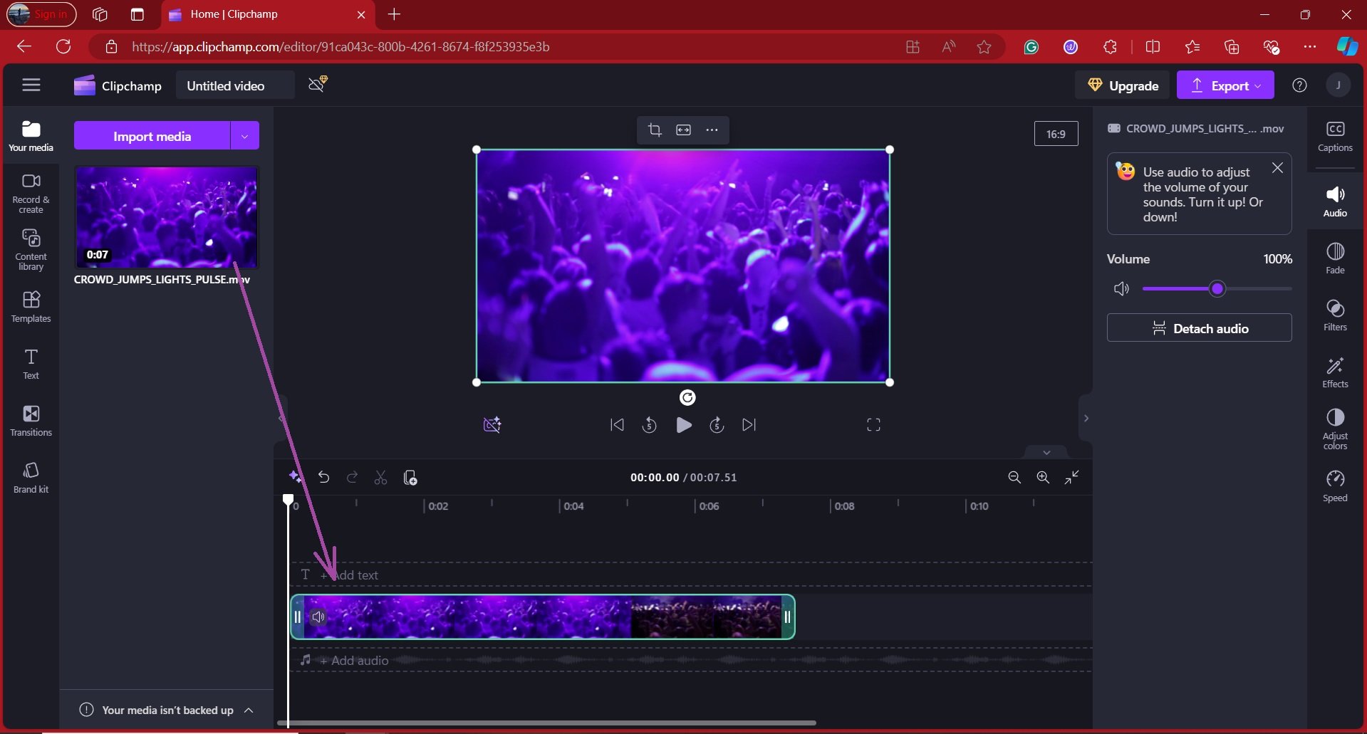 glisser-déposer sur la timeline dans clipchamp