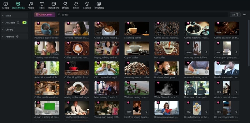 filmora coffee video stock media library
