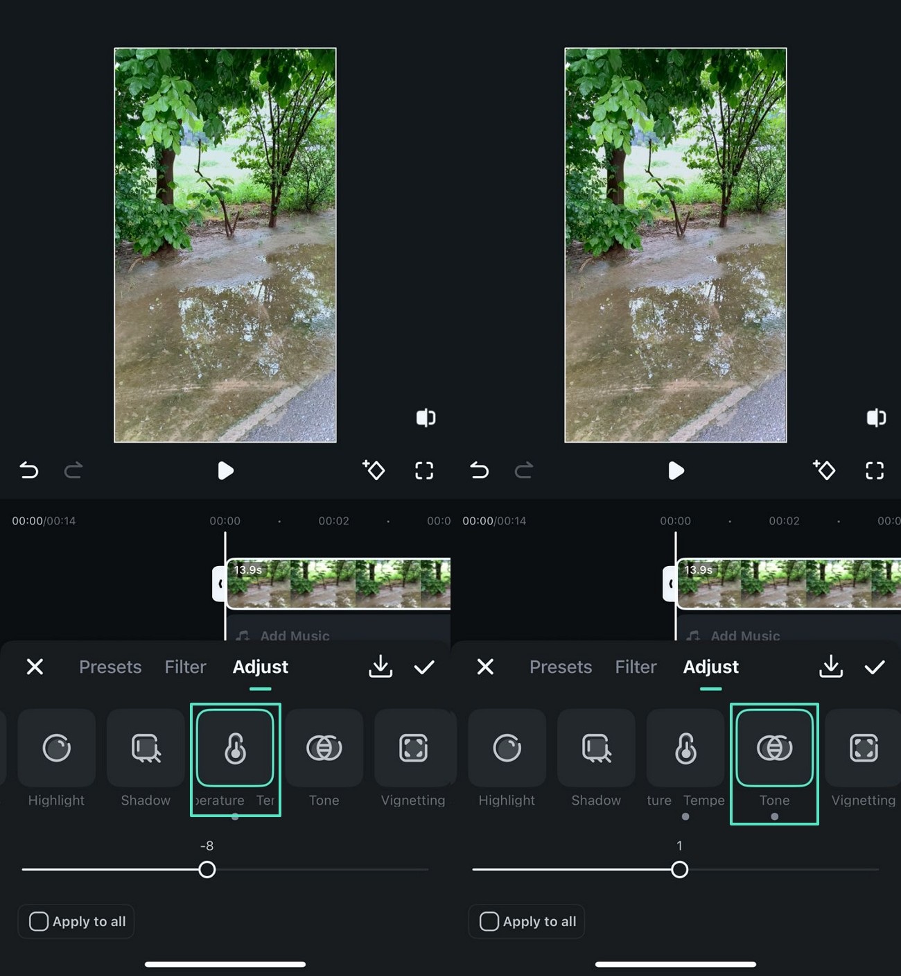 set temperature and tone filmora app