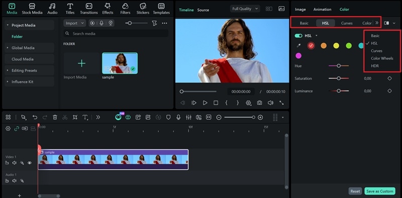 access more filmora color grading tools