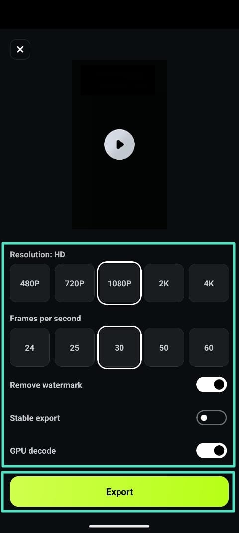 export settings in filmora app