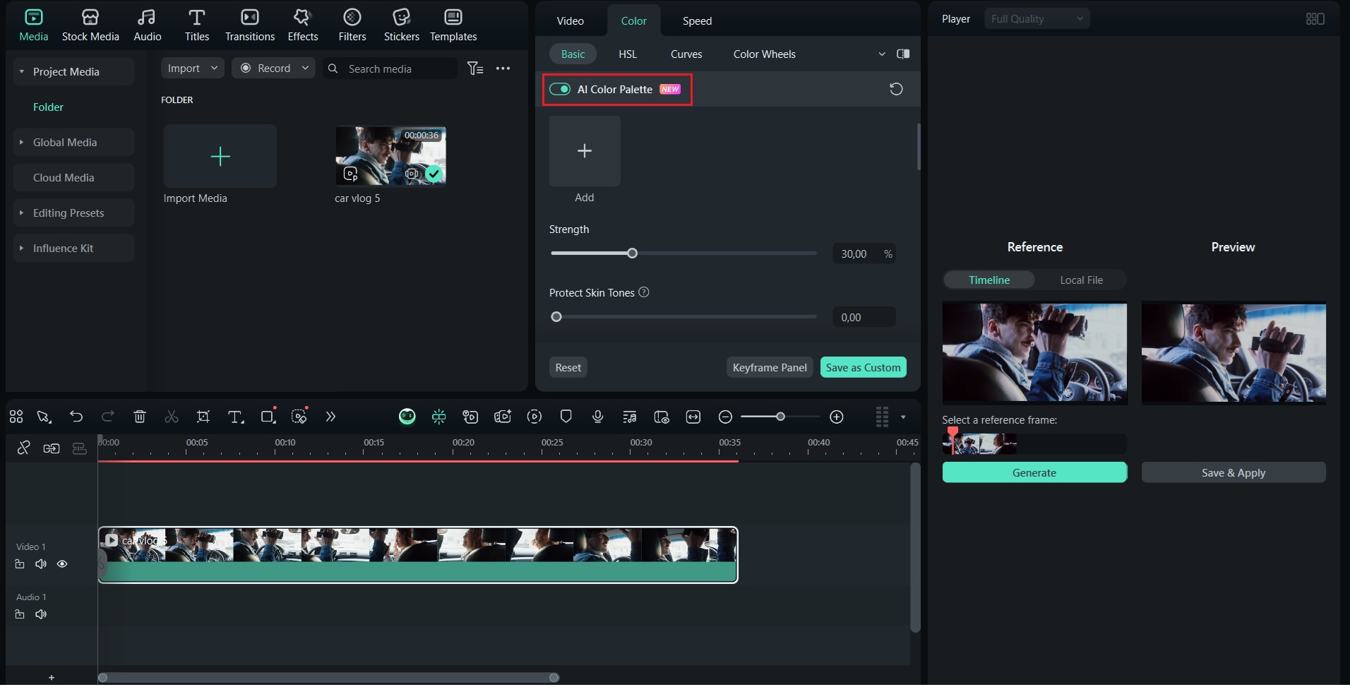 filmora ai color palette