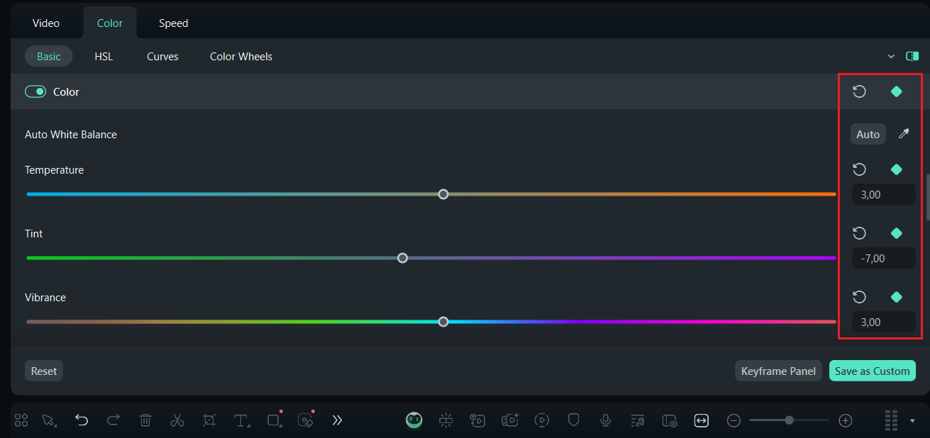 keyframes color controls filmora