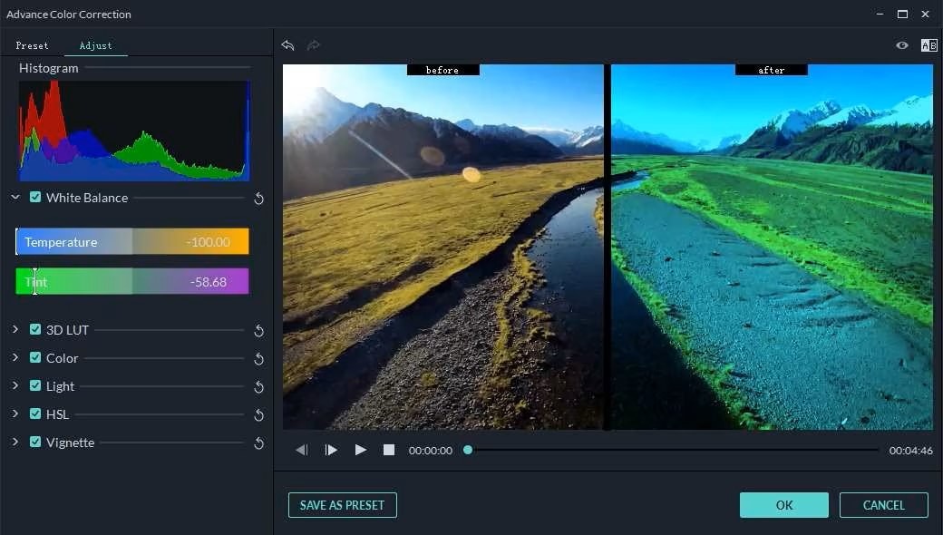 Psychedelic color grading filter in Filmora.