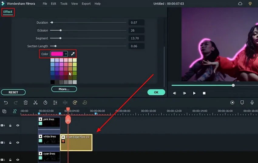 Neon glow filter applied to music video in Filmora.