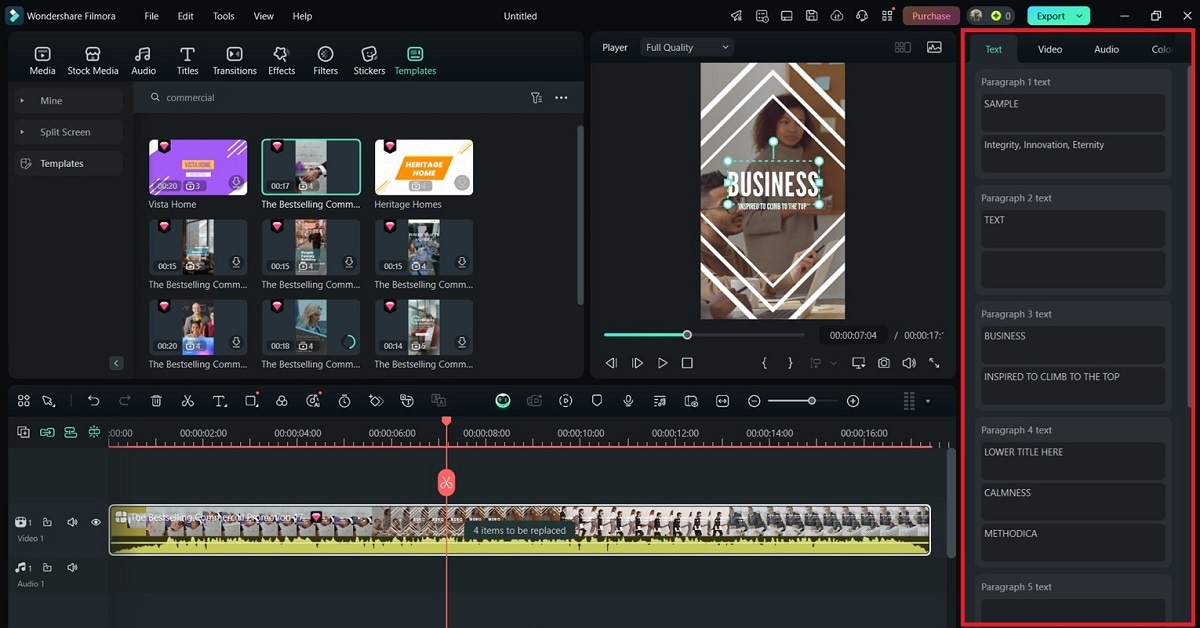 editing the commercial video template