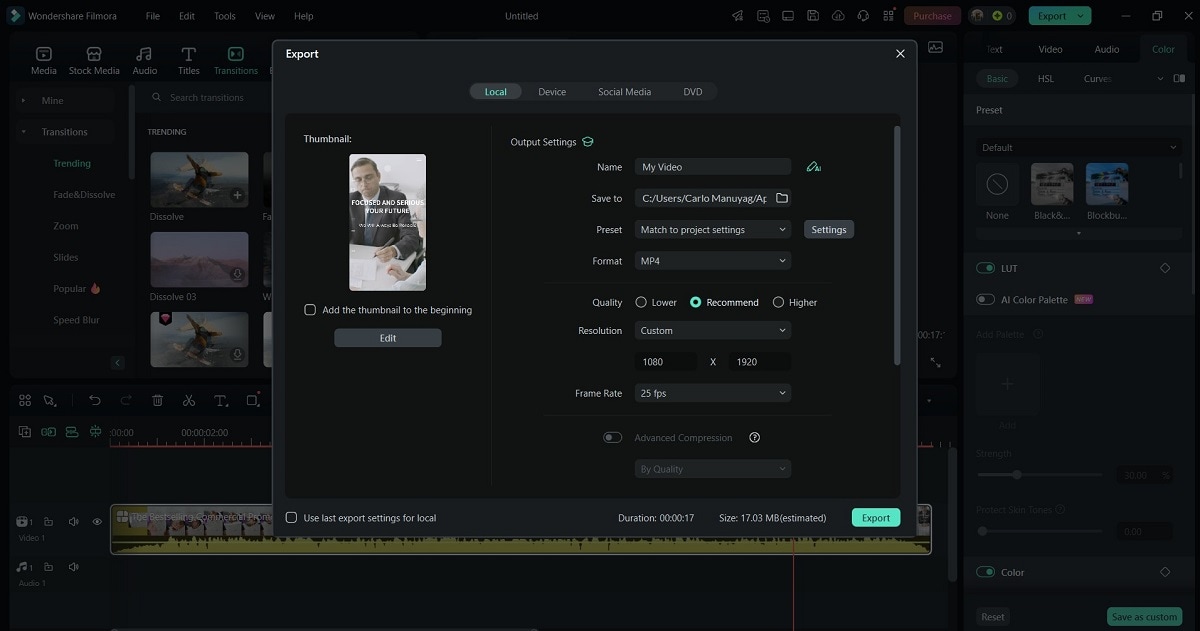 exporting the commercial video template