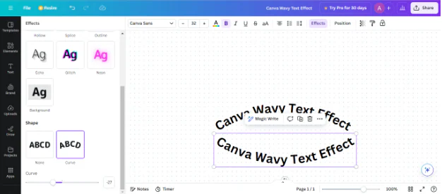 application d'un effet ondulé sur du texte dans canva