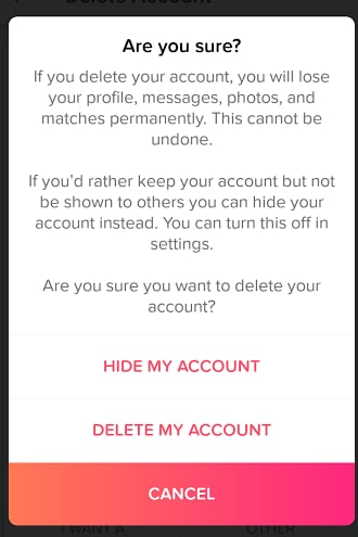Confirm Delete Tinder Account