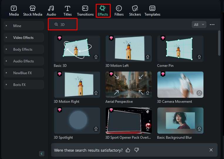 find the 3d effect filmora