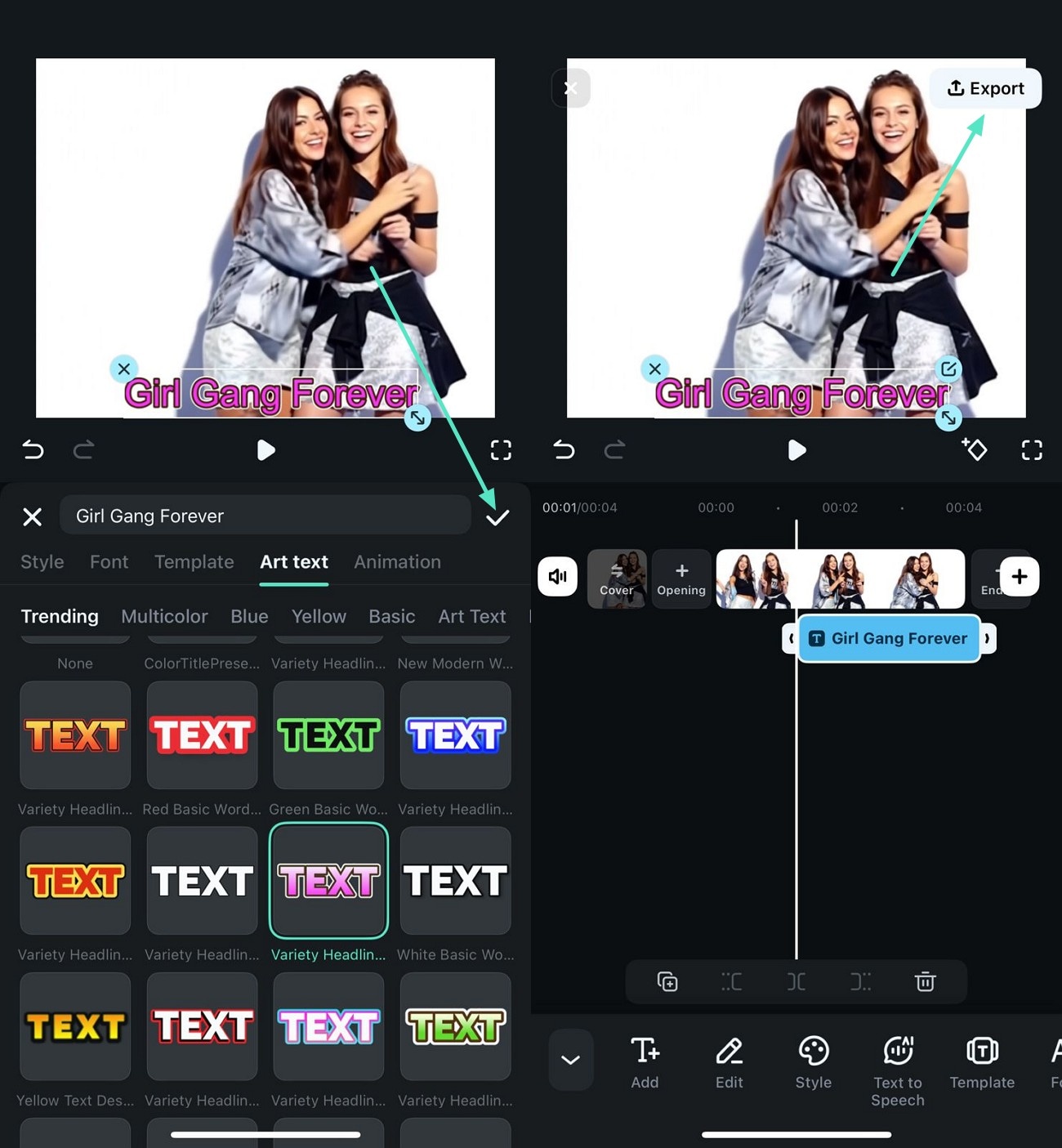 export after stylizing text