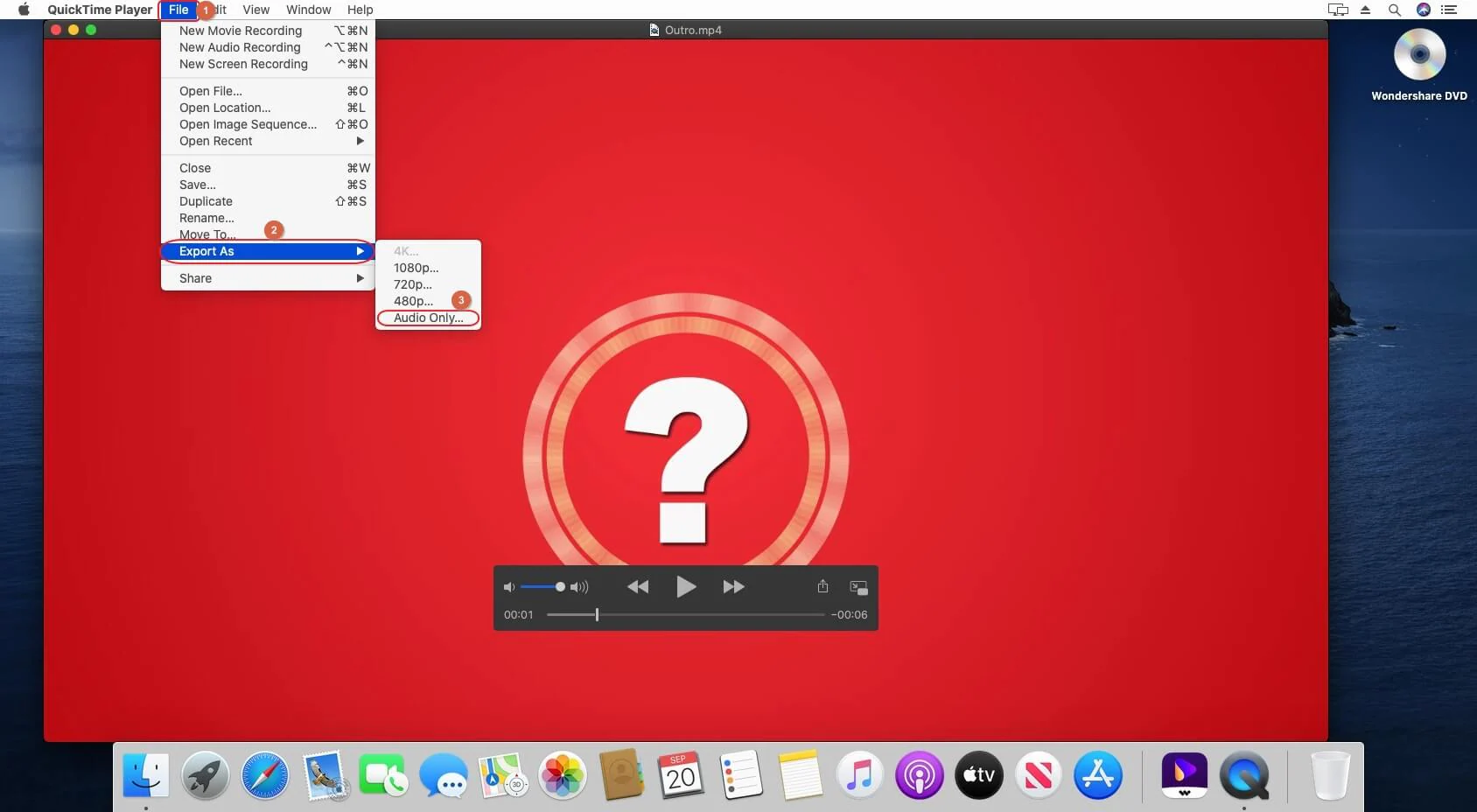 在 QuickTime 中將影片轉換為 mp3 格式