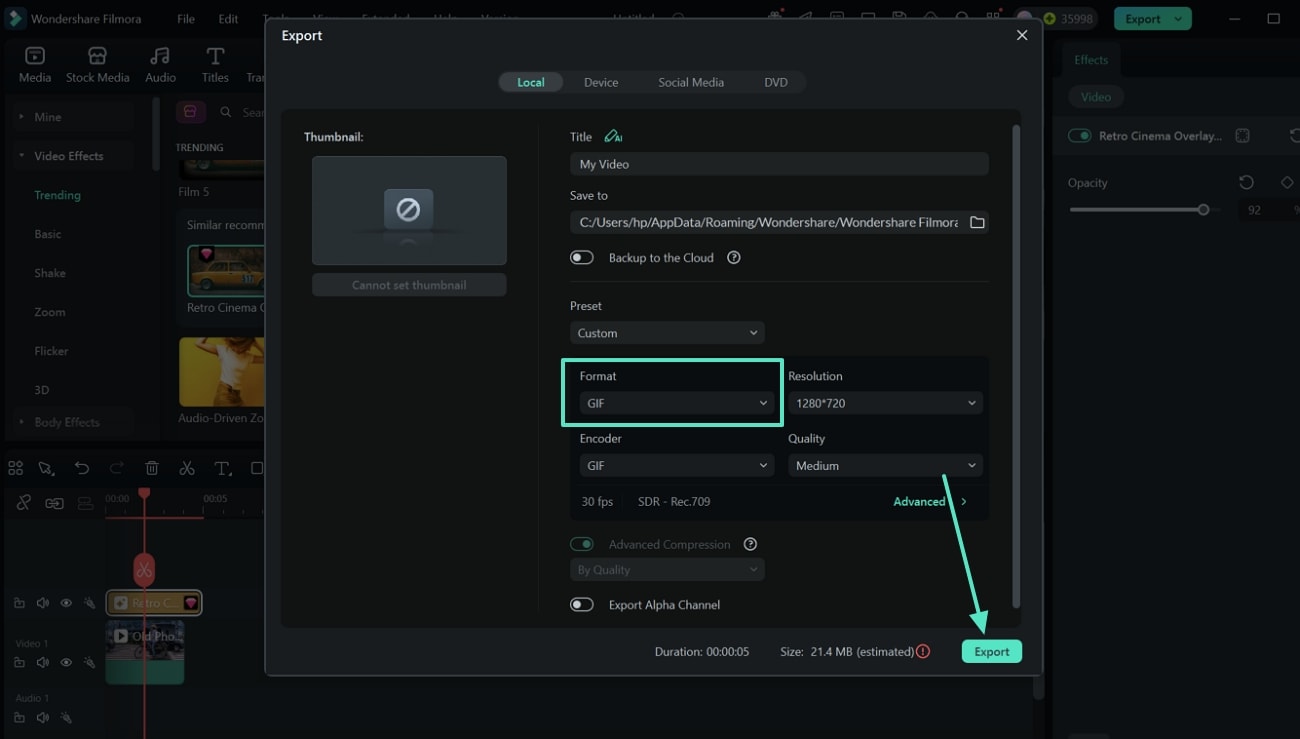 export after choosing gif format