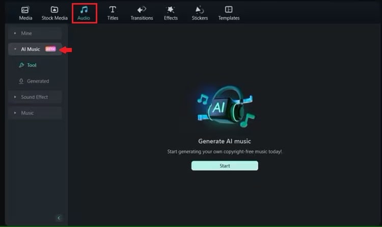 select ai music in audio section