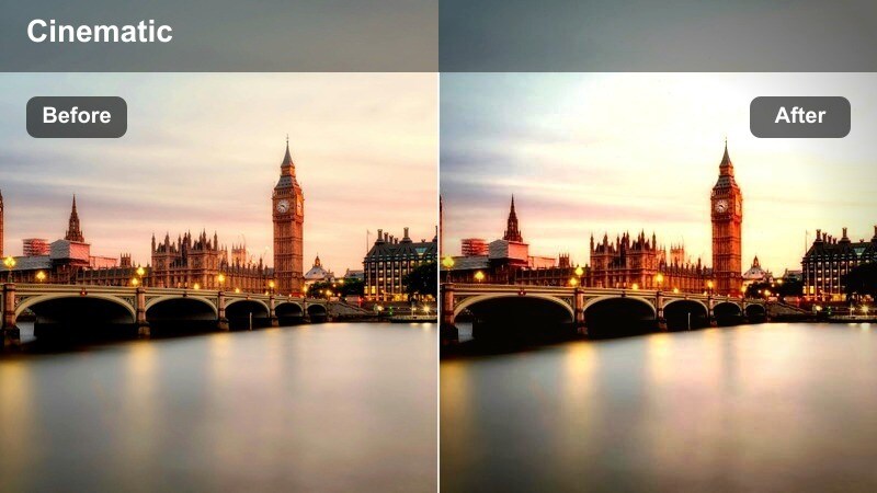 City skyline and bridge at sunset with copper-toned highlights and cool shadows.