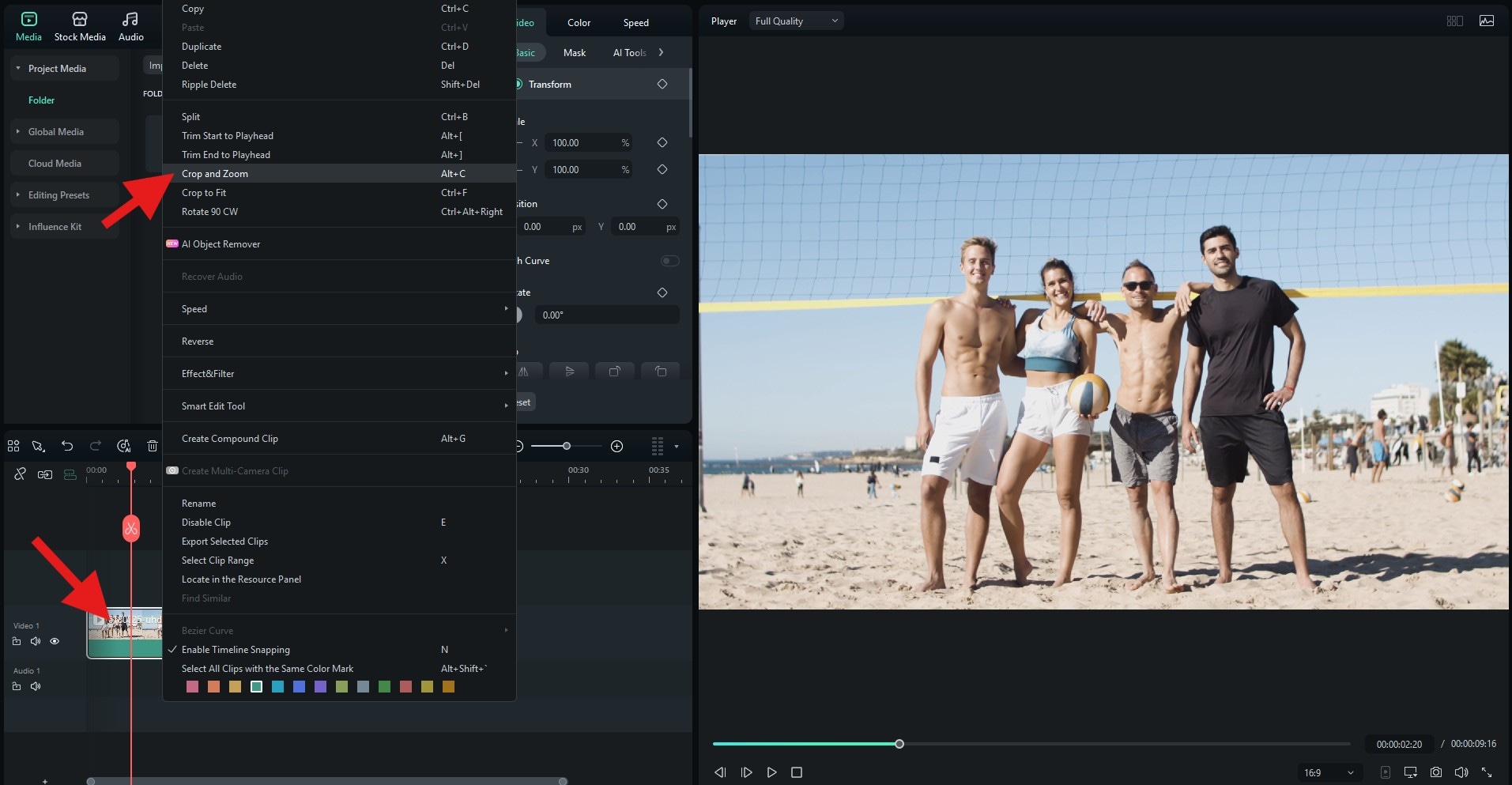 select crop and zoom feature filmora