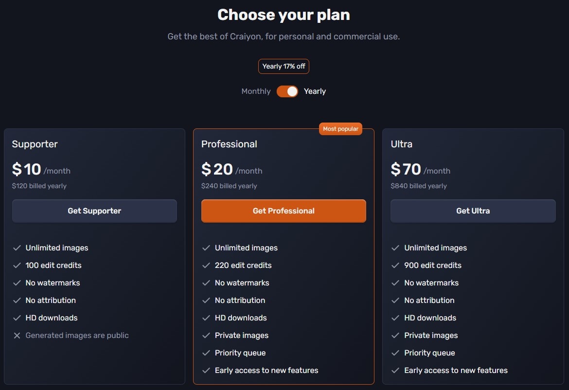 craiyon ai pricing plans