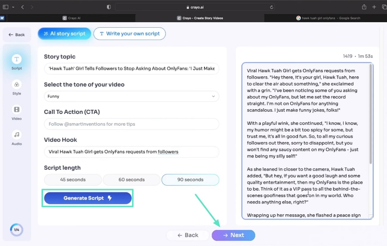generate script on crayo ai