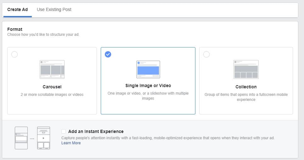create Facebook ads - choose format 