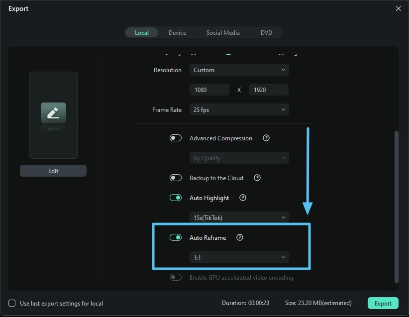 find auto reframe option to set aspect ratios of the video