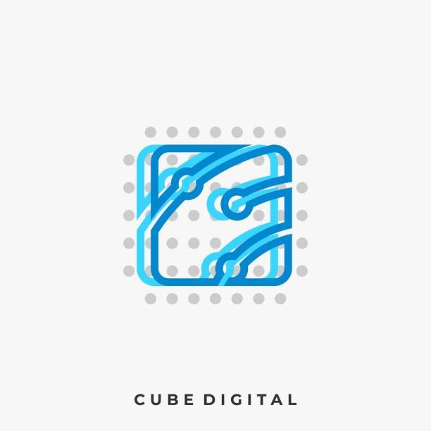Futuristic microchip logo with neon blue glow on dark background, flat vector style
