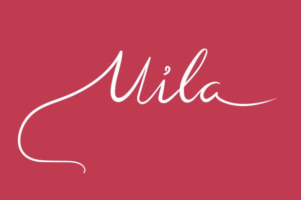 Feminine cursive logo of brand name Mila with pink background