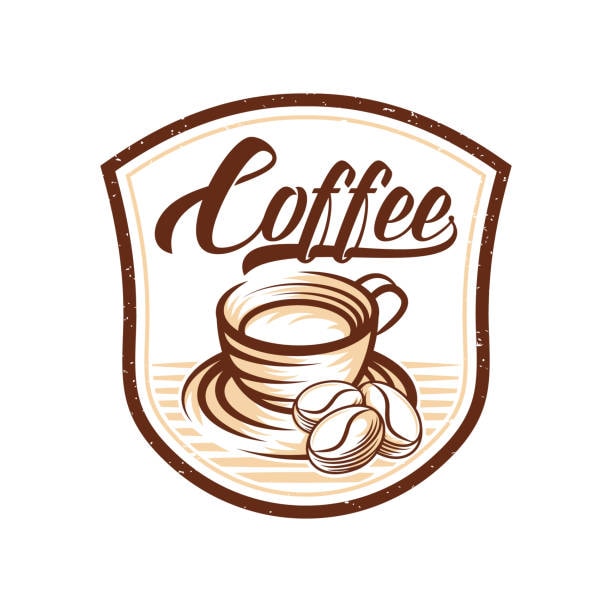 Vintage-style coffee cup badge logo with brown and beige retro colors