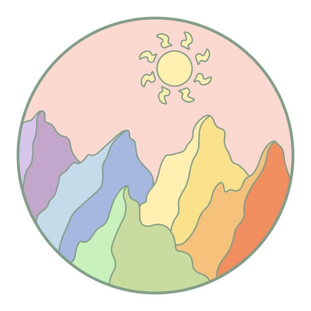 Flat circular mountain and sun logo in pastel tones on a minimal white background