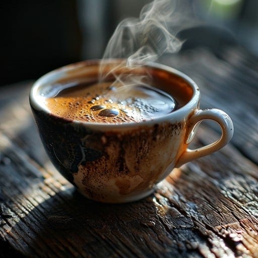 A DALL·E prompt for a close-up of a steaming coffee cup on a wooden table with moody lighting and photorealism.