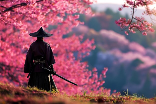 A DALL·E prompt for a samurai standing under cherry blossoms with DOF and ultra detailed.