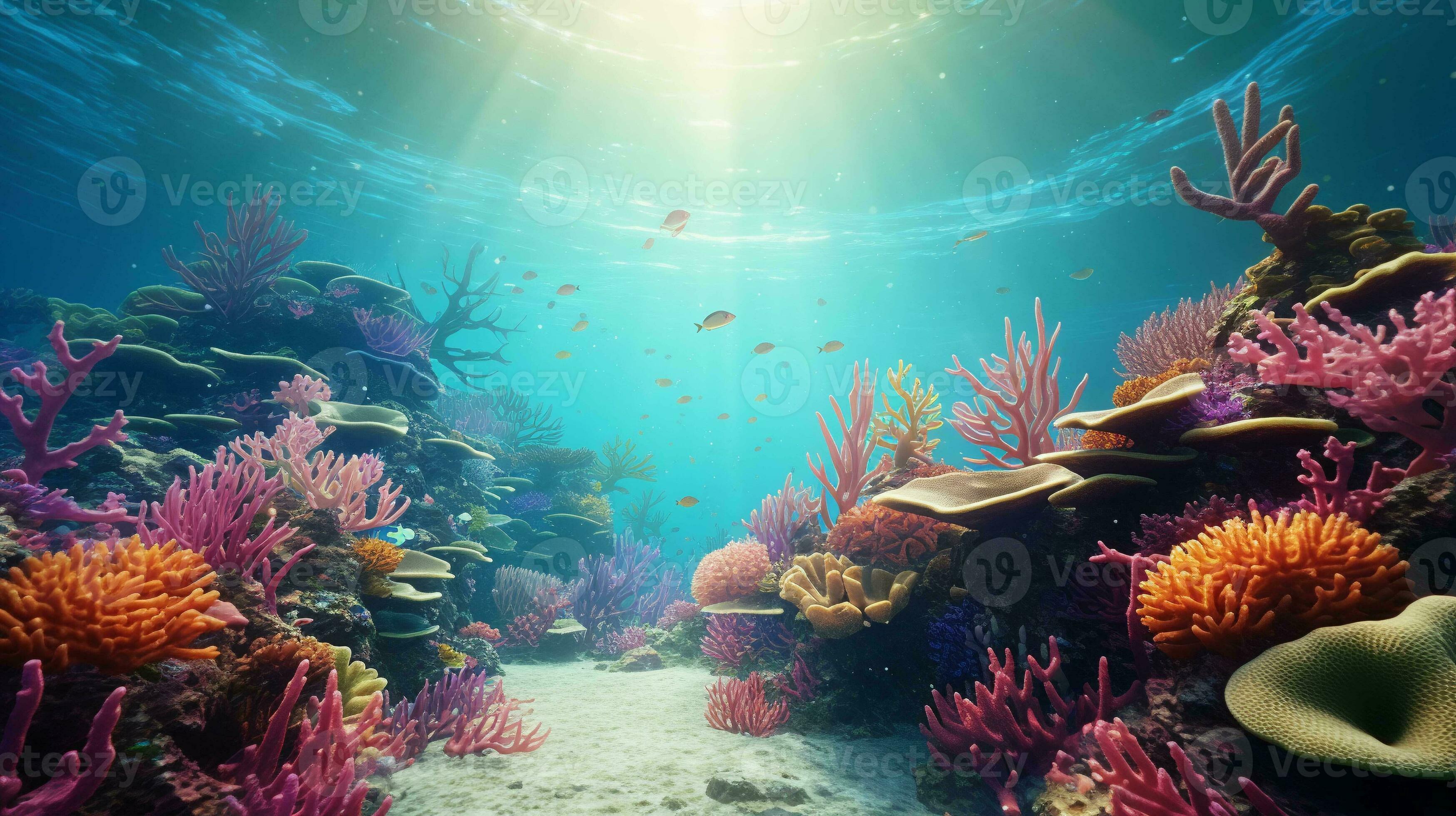 A DALL·E prompt for an underwater scene with coral reefs with a photorealistic style.