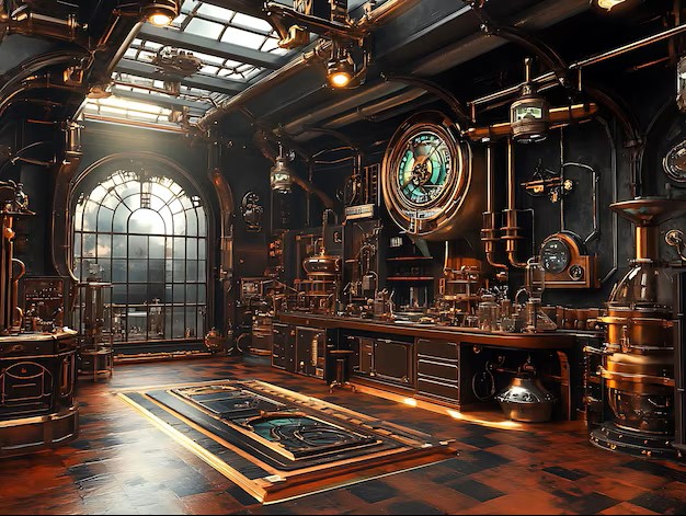 A DALL·E prompt for a steampunk inventor's lab interior.
