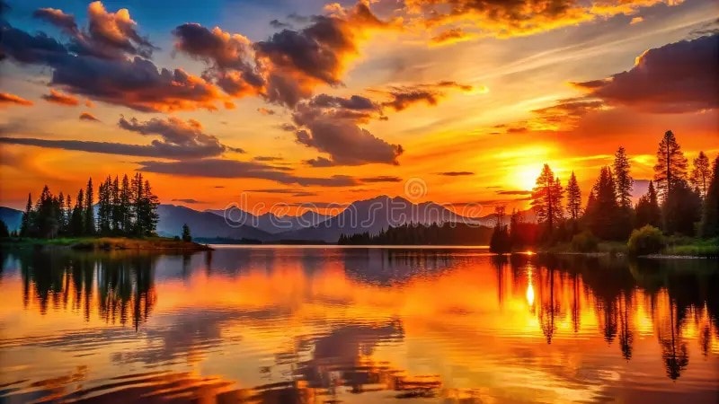 A DALL·E prompt for a serene lake at sunset with golden hour lighting.