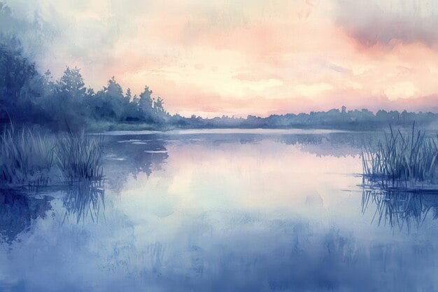A DALL·E prompt for a serene lake at sunset with watercolor painting.
