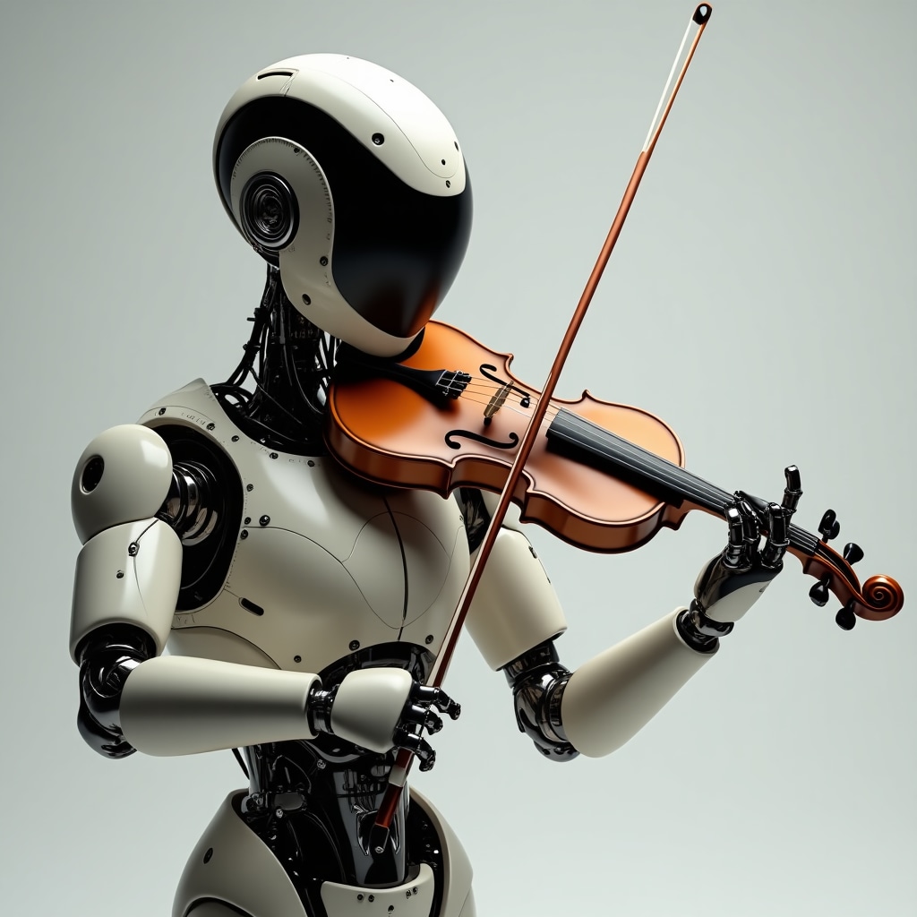 A DALL·E prompt for a robot playing the violin by DALL·E 2.