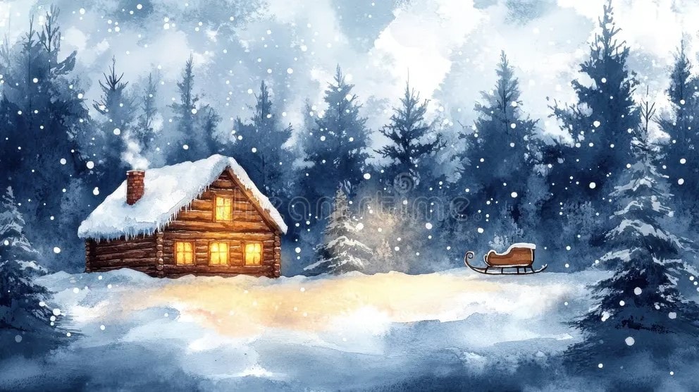 A DALL·E prompt for a cozy cabin in a snowy forest in watercolor style.