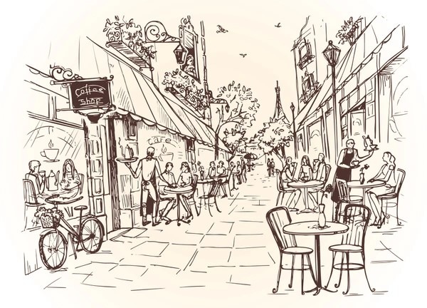 A DALL·E prompt for a vintage bicycle near a coffee shop in sketch art.
