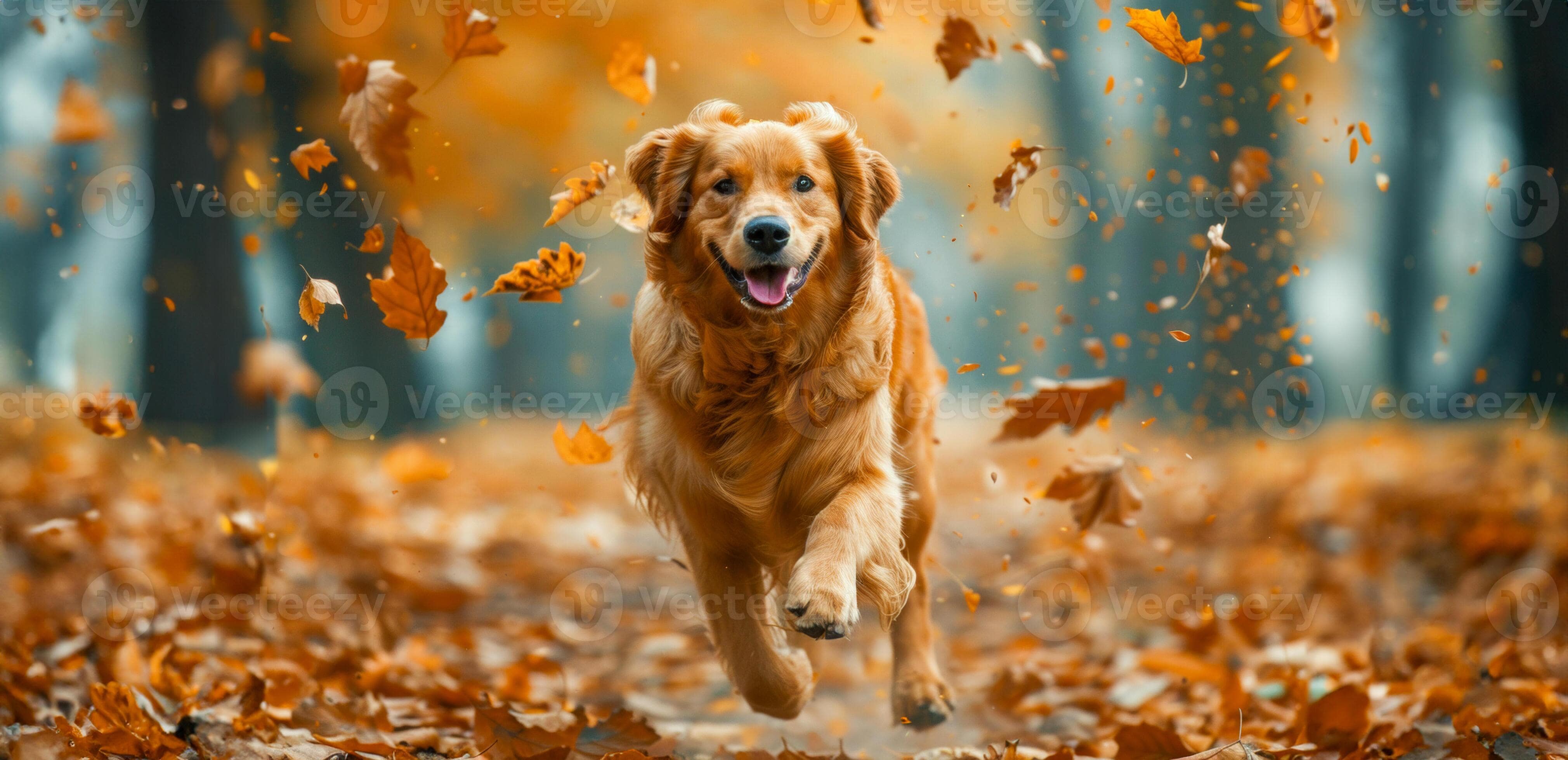 A DALL·E prompt for a golden retriever playing in autumn leaves in a warm color palette with DSLR photo style.