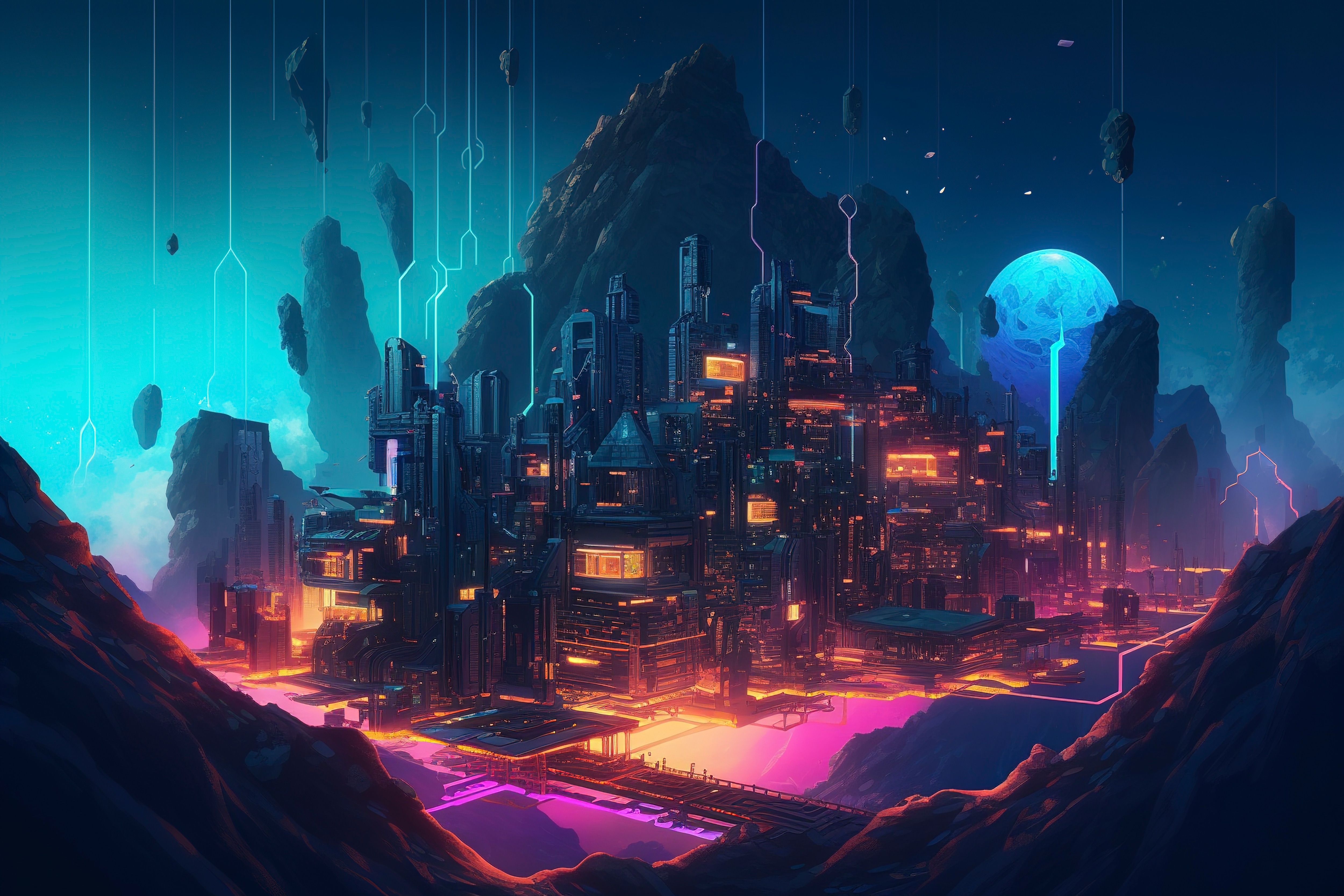 A DALL·E prompt for a futuristic city at night with neon glow and an isometric 3D view.