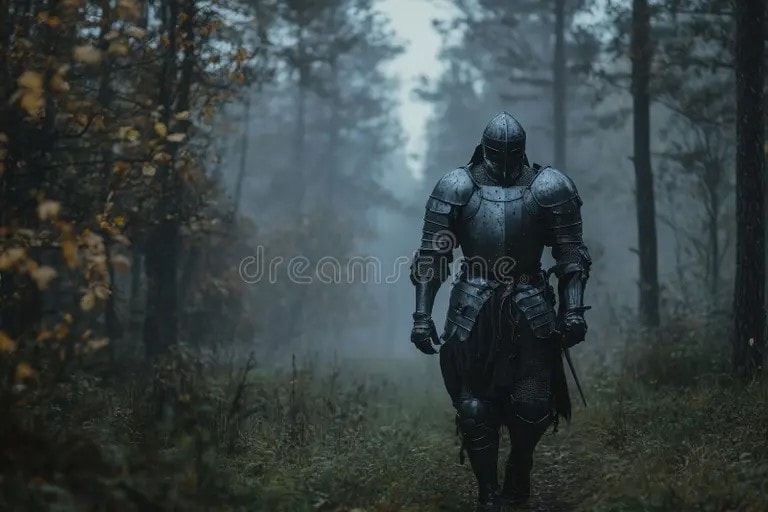 A DALL·E prompt for a medieval knight standing in a foggy forest with cinematic lighting and a dark green palette.