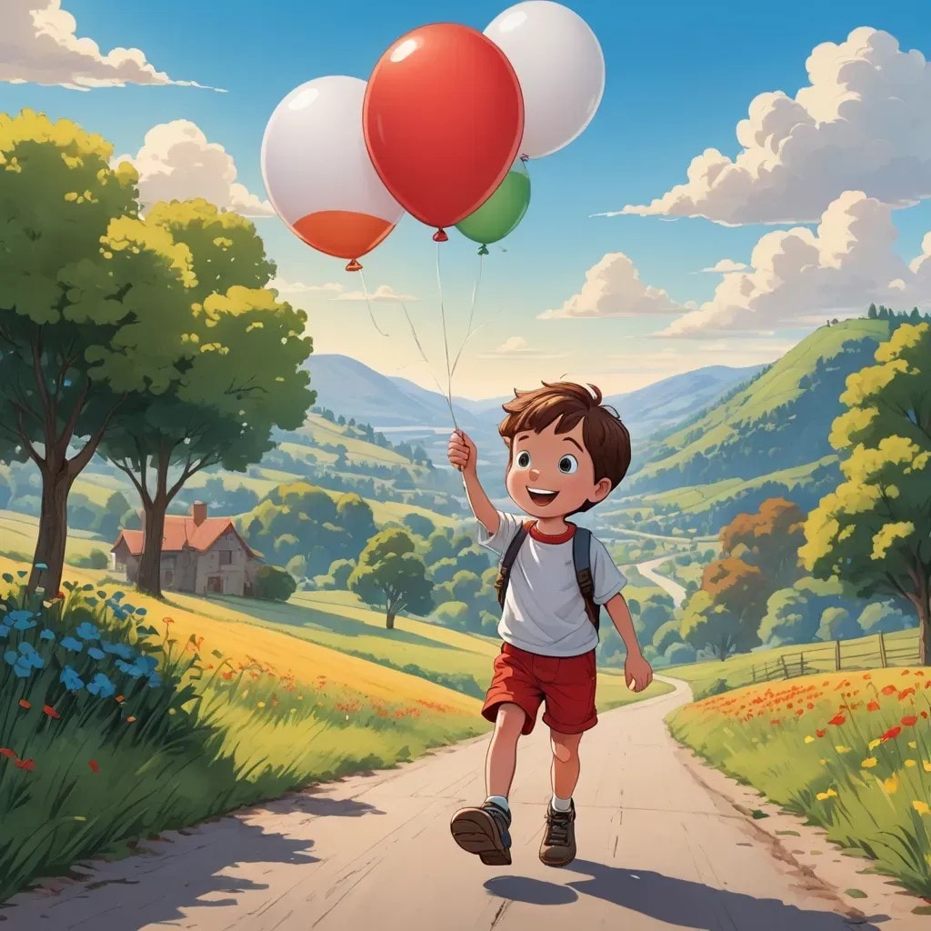 A DALL·E prompt for a child with balloons over mountains, illustrated in storybook style.