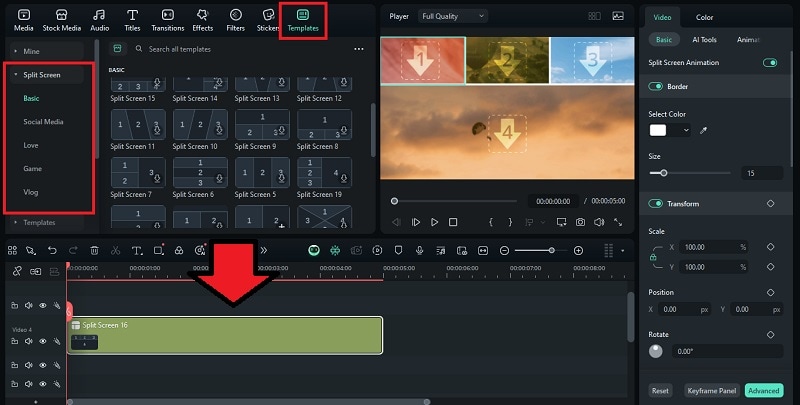 select split screen template