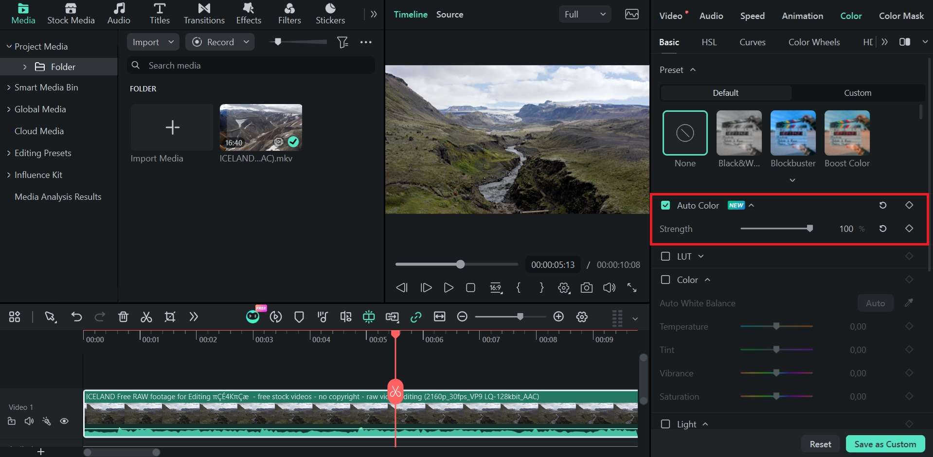enable filmora auto color