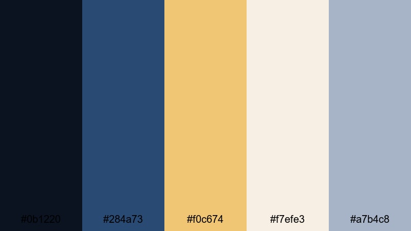 dawn harbor mist gold dark blue color palette with hex codes