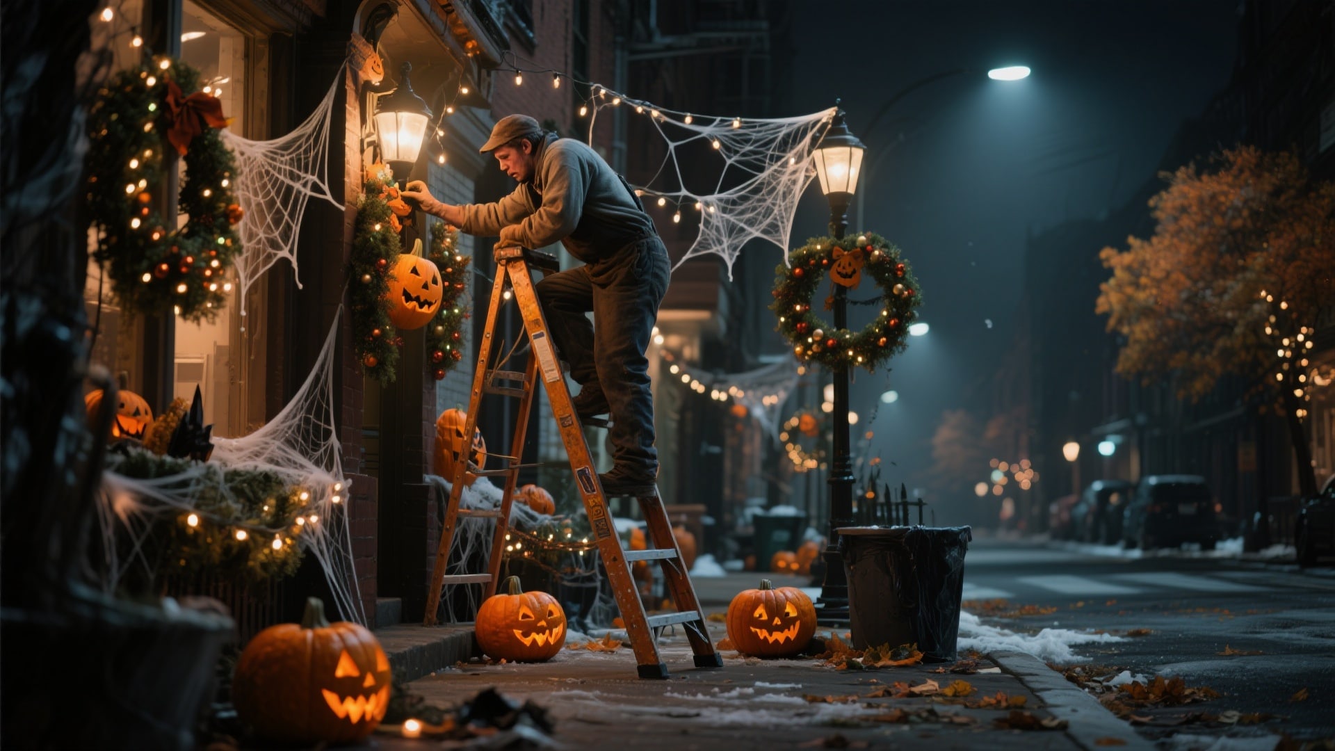 Halloween to Christmas transition scene