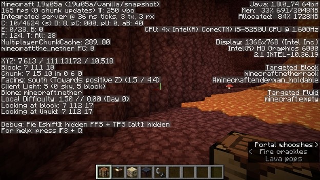 Minecraft F3 screen